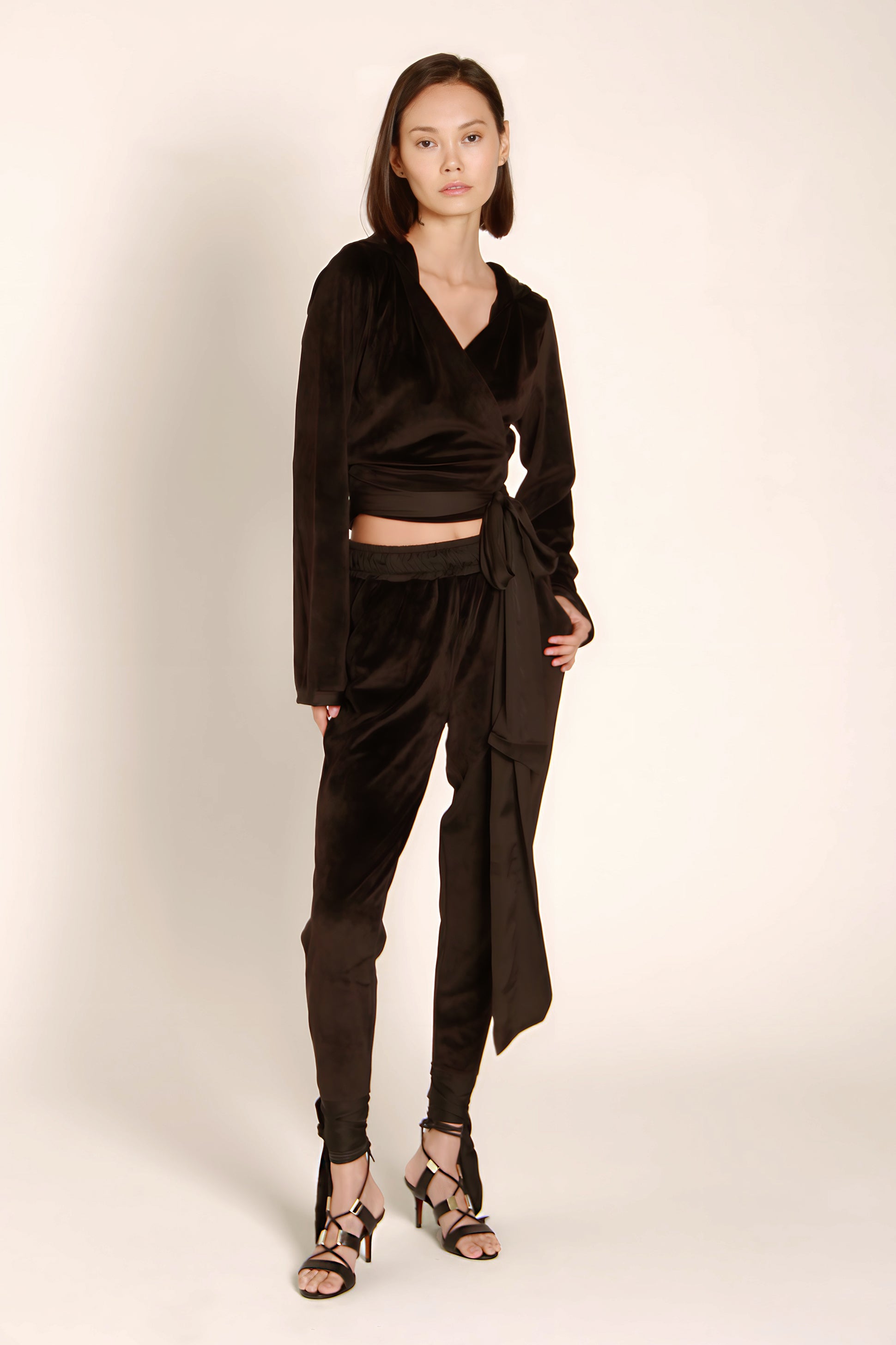 TIGRESSE VELVET WRAP HOODIE WITH SATIN TIE STRAPS