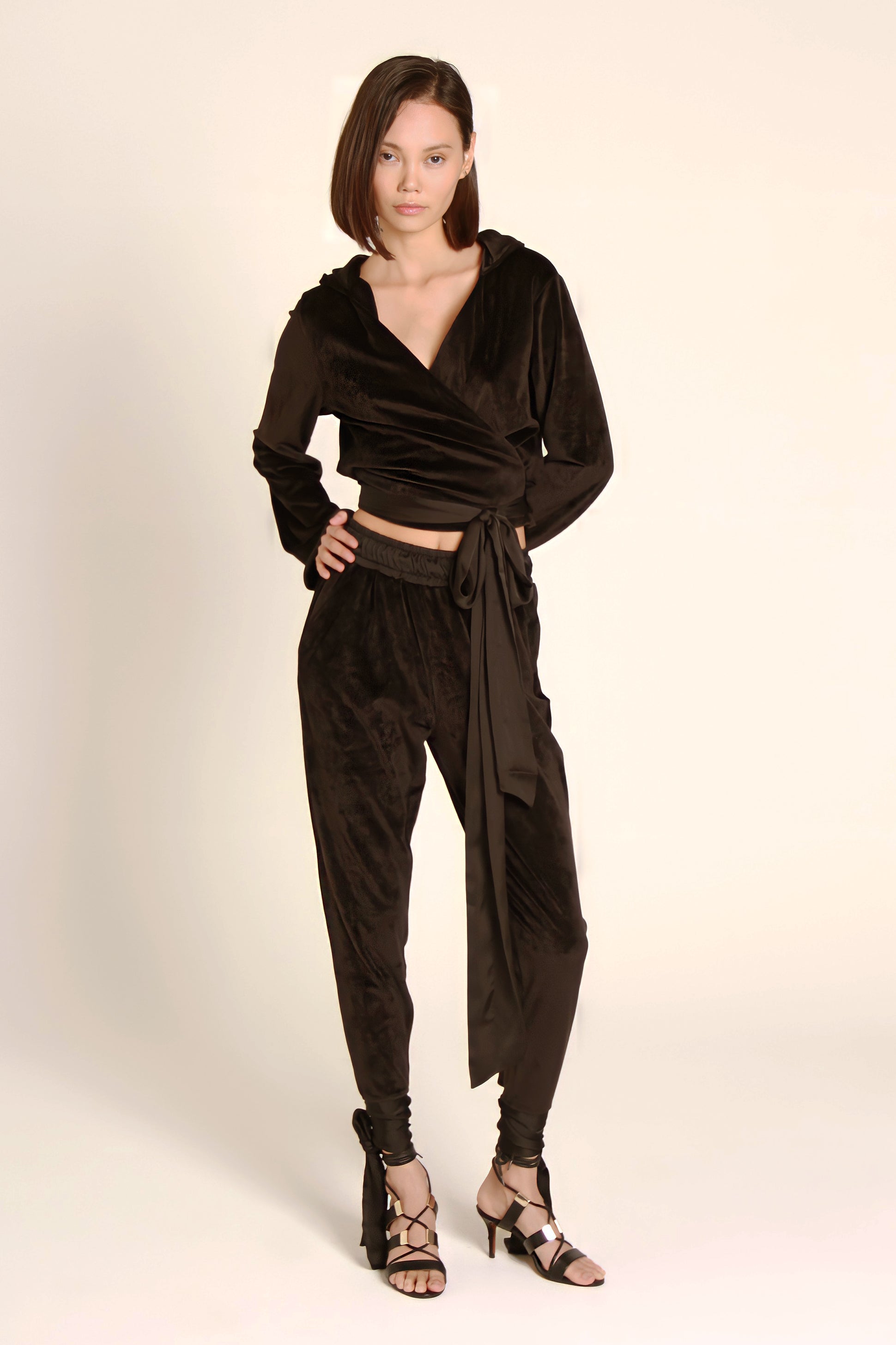 TIGRESSE VELVET WRAP HOODIE WITH SATIN TIE STRAPS