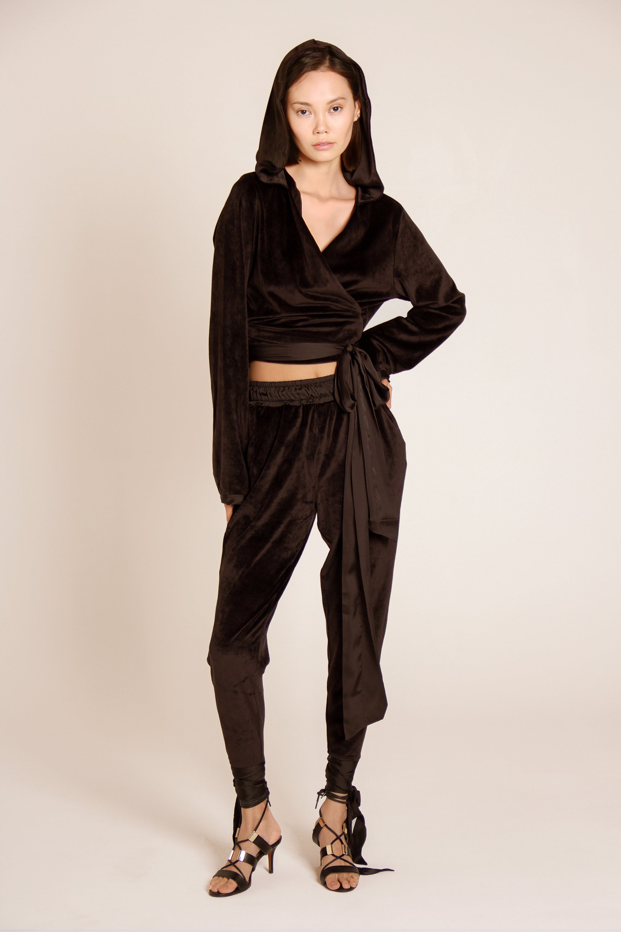 TIGRESSE VELVET WRAP HOODIE WITH SATIN TIE STRAPS