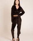 TIGRESSE VELVET WRAP HOODIE WITH SATIN TIE STRAPS