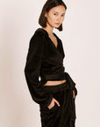 TIGRESSE VELVET WRAP HOODIE WITH SATIN TIE STRAPS